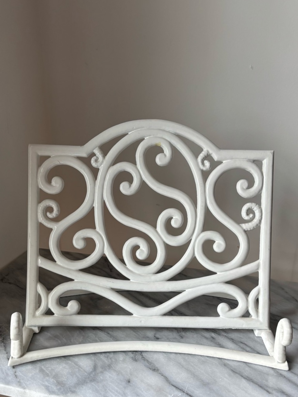 Decorative White Cast Iron Cookbook or Book Stand Scroll Design Sturdy